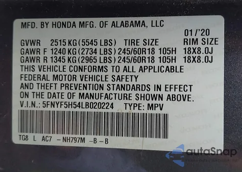 2020 Honda Pilot 2Wd Ex-L из США, поврежденный, VIN 5FNYF5H54LB020224